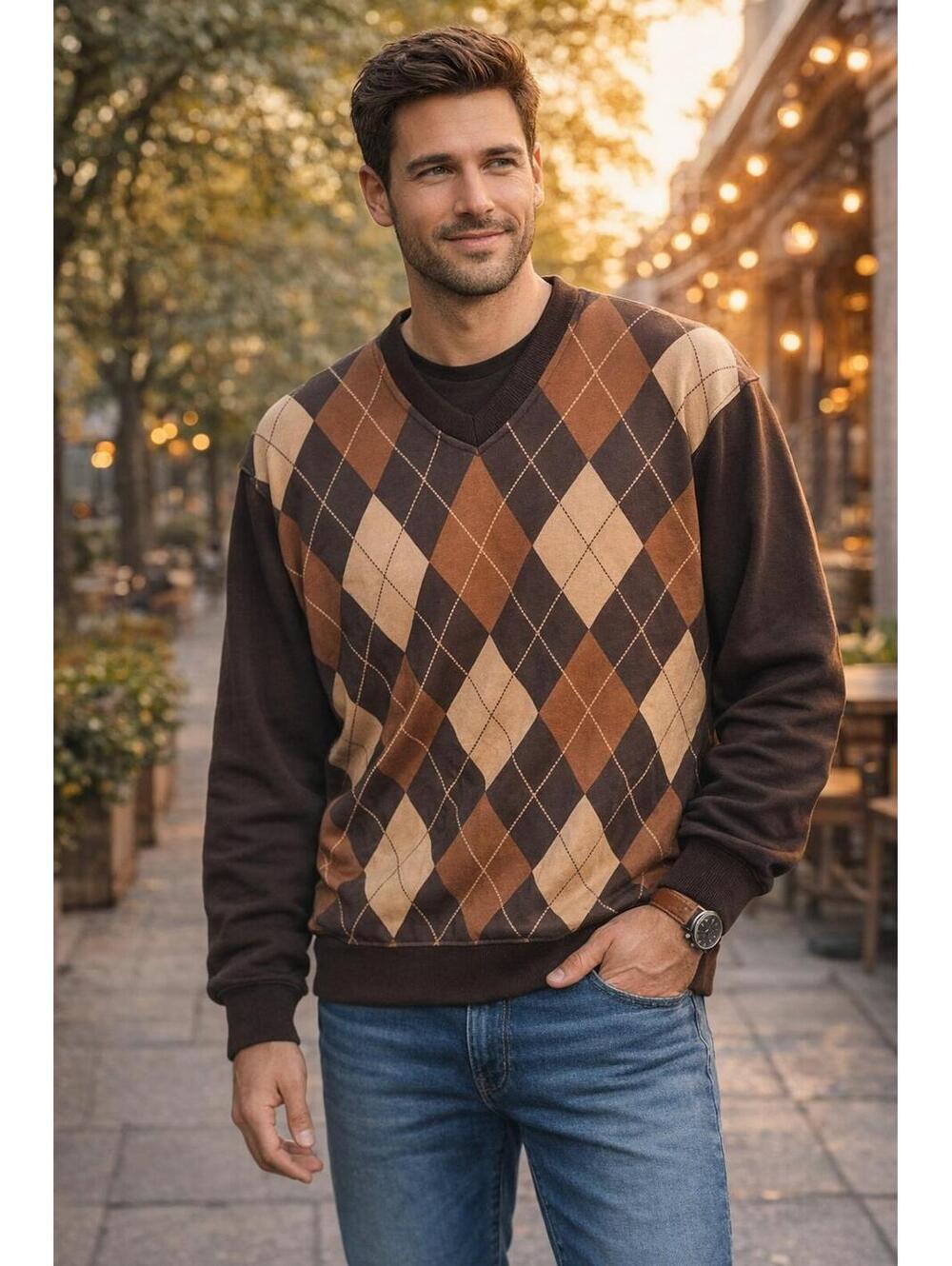 G&B Men’s Fleece Sweater Brown Tan Cozy V-Neck Classic Preppy Style, 2XL